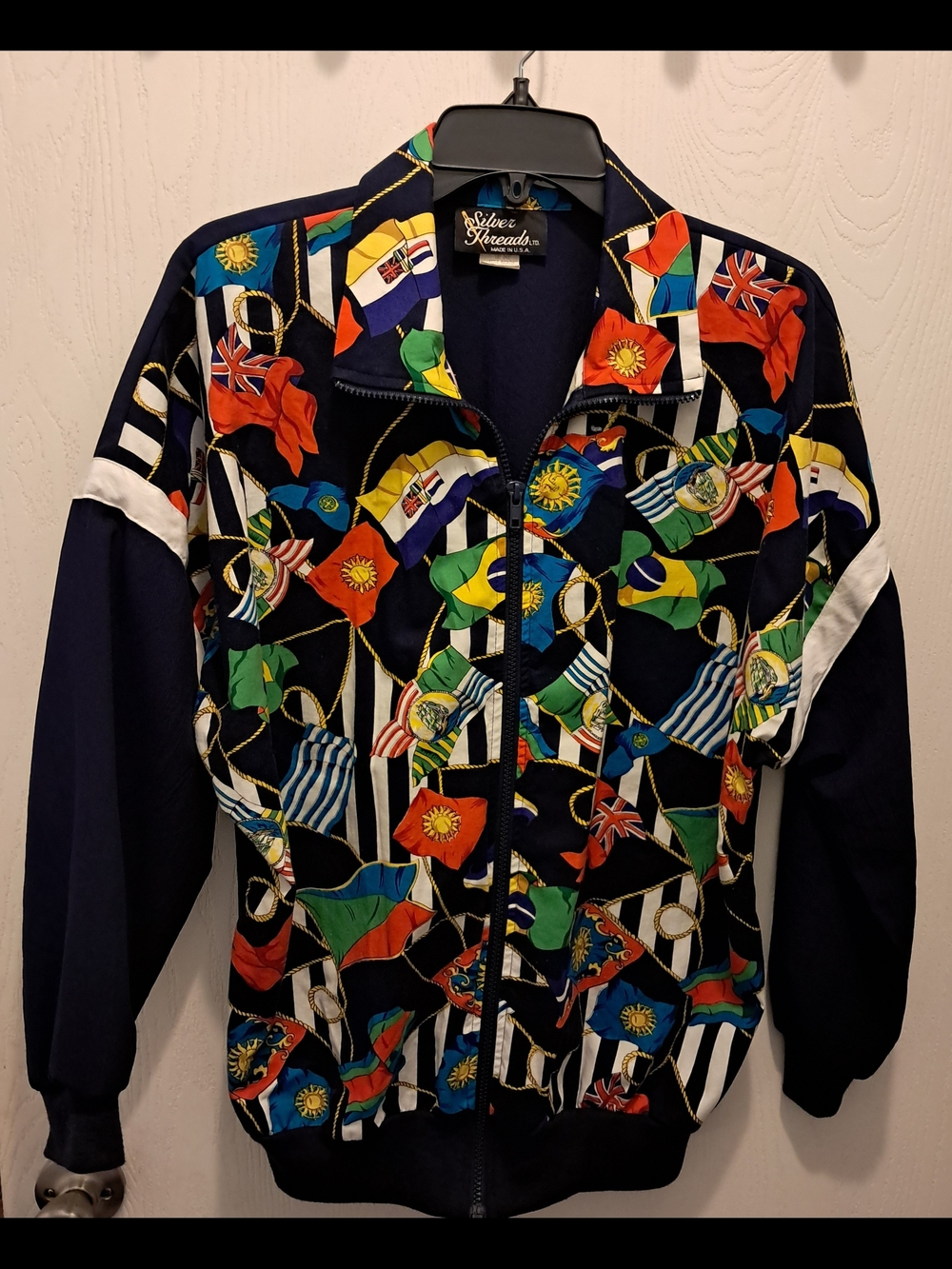 Silver Threads Navy Multicolor Flag-Print Bomber Jacket